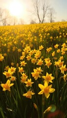 Fototapeta premium Sunlit field brimming with vibrant yellow daffodils, outdoor, spring flowers
