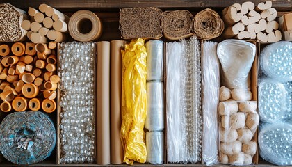 Sustainable Packaging Solutions showcasing bubble wrap and cardboard materials emphasizing the importance of recycling practices.