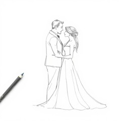 Fototapeta premium Wedding Couple Sketch Elegant Drawing of Bride and Groom