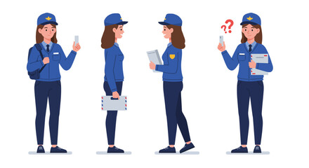 Obraz premium Female police officer character in flat design vector art with various poses and expressions in vector illustration