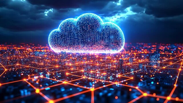 Vibrant digital cloud technology illuminates glowing city network, showcasing advanced data connectivity and innovation.