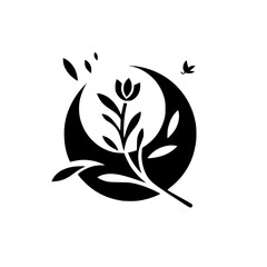 Elegant Black and White Floral Illustration: A stylized flower blooms within a crescent moon, with floating leaves and a small bird against a clean white backdrop.