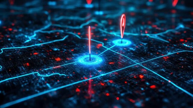Digital map with GPS tracking and red location markers