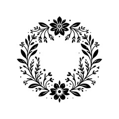 Elegant monochrome botanical wreath with stylized flowers and leaves, arranged in a circular pattern on a white backdrop, creating a sense of purity and simplicity.