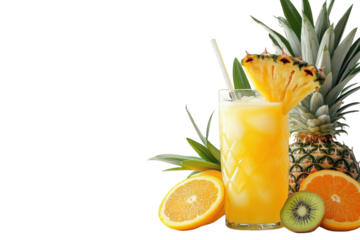 A refreshing pineapple juice drink garnished with a juicy pineapple wedge and surrounded by bright oranges and a kiwi, captured in vivid, sunlit detail against a clean white background.