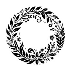 A stylized, symmetrical botanical wreath in black and white, featuring a variety of leaves, flowers, and berries, forming a circular frame around an empty white center.