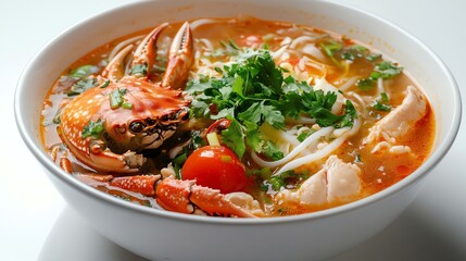 Crab and Noodle Soup Bowl Garnished with Fresh Herbs and Tomato