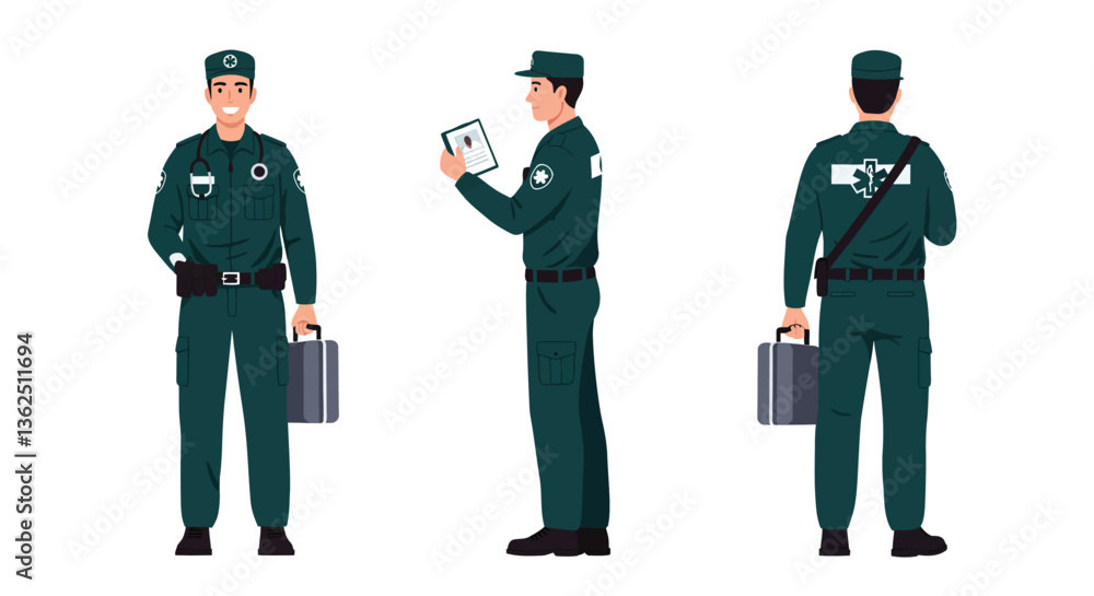 Poster security officer in uniform transitions from standing to checking device in flat vector illustration