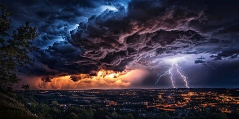 Fototapeta premium The Power of Nature: Dramatic Lightning Strikes Over Urban Landscape