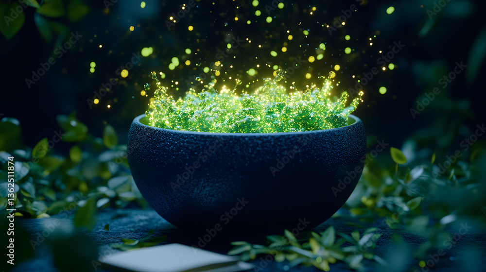 Poster a glowing bowl filled with vibrant green foliage, surrounded by lush greenery and sparkling light ef