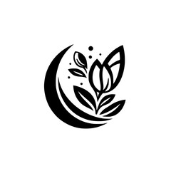 Fototapeta premium A stylized, symmetrical, black and white minimalist floral design depicting leaves and buds within a crescent moon shape, evoking a sense of calm and natural beauty.