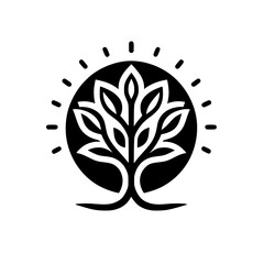 A minimalist black and white logo featuring an stylized tree design enclosed in a circle with sun rays, symbolizing growth and nature.