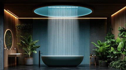 Modern, spa-like bathroom with a unique overhead waterfall feature.  Dark wooden accents, plants, and a teal soaking tub create a serene and luxurious ambiance