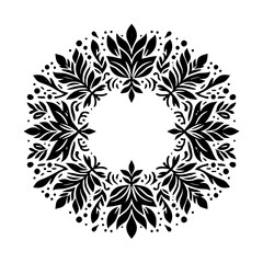 A symmetrical, black and white, floral design in a circular pattern with a focus on intricate leaf-like shapes and dot details.