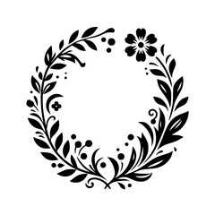Elegant Black Floral Wreath on White Background: A Stylized Design with Leaves, Berries, and a Central Flower, Suitable for Invitations or Decorations.