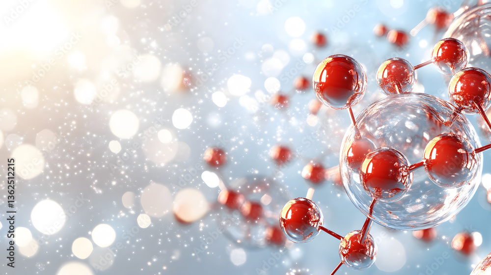 Poster Abstract depiction of molecular structures with red spheres, representing atoms, against a softly blurred background of light and colors