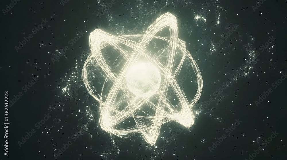 Poster an artistic representation of an atom, featuring swirling lines and a glowing nucleus, set against a