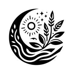 Stylized monochrome illustration blending a crescent moon, sun, stars, leaves, and water elements, creating a harmonious, nature-inspired design.