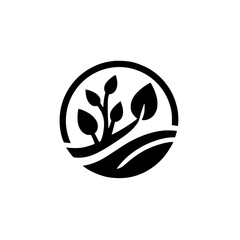 A minimalist, stylized black and white emblem featuring a sprouting plant and curved lines enclosed within a circular border, evoking growth.