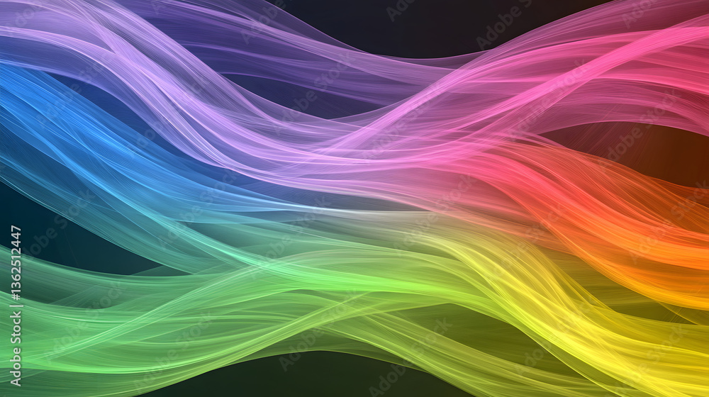 Poster A vibrant, abstract image featuring flowing wave-like patterns in a spectrum of colors, evoking a sense of movement and energy