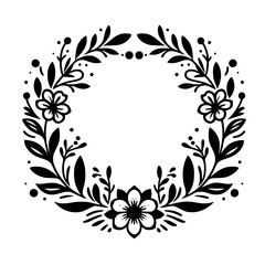 Detailed Black Floral Wreath Design with Blossoms, Leaves, and Dots, Isolated on White. Minimalist and Elegant Botanical Illustration for Invitations or Decor.