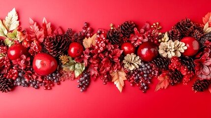 A beautiful arrangement of red decorative elements with apples and flowers