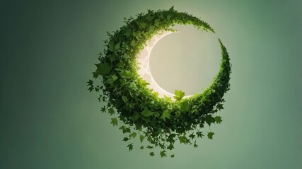 A crescent moon made of lush green leaves, symbolizing nature and tranquility.