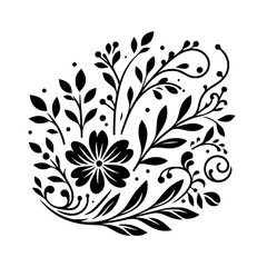 Elegant Black & White Floral Arrangement: Stylized flower with intricate leaves, berries, and swirling tendrils on a clean white background, evoking a sense of grace.