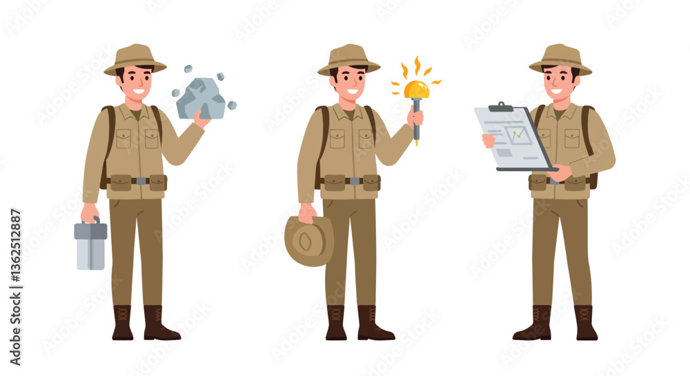 Poster explorer character in three poses showcasing flat vector art style with tools and excitement in vect