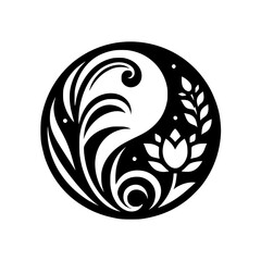 Yin Yang Floral Harmony: A Circular Emblem Featuring a Balance of Elegant Leaves, Serene Lotus, and Curvilinear Elements in Monochrome.