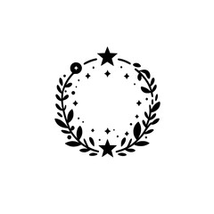Fototapeta premium Elegant Black and White Circular Design: Starry Wreath with Leaves, Dots, and Stars on a White Background