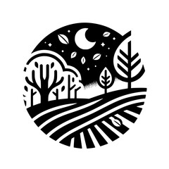 Stylized Nightscape: A monochrome circular design featuring trees, fields, a crescent moon, and stars, evoking a peaceful and minimalist aesthetic.