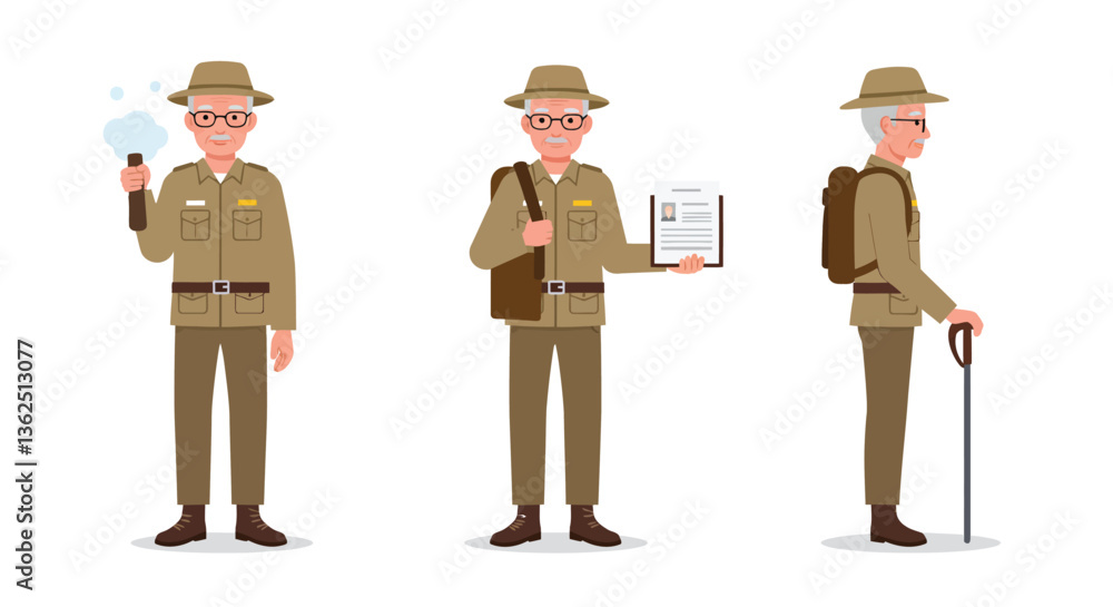 Poster park ranger character illustration in flat design showing different poses and expressions, vector ar