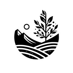A minimalist illustration featuring a stylized landscape within a circle: mountains, sun, a tree with berries, and layered fields in black and white.