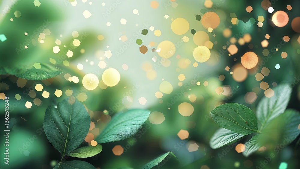 Poster vibrant green leaves with sparkling bokeh effect in a serene natural setting at dusk