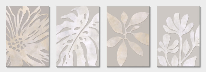Set of vector posters with flowers and watercolor texture for wall art, interior, packaging, postcard, cover design. Abstract leaves and flowers, leaf branch. Earth tone colors Illustration.