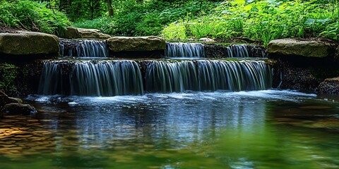 A serene tiered waterfall cascading over natural rocks into a pond