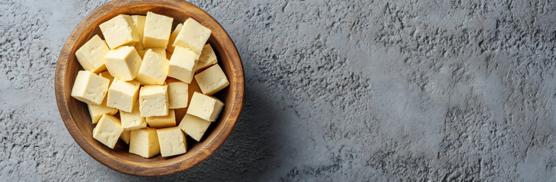 tofu cubes in a bowl on a grey concrete background with copy space for text, top view. this stock photo, taken by shawn c. zubrach,