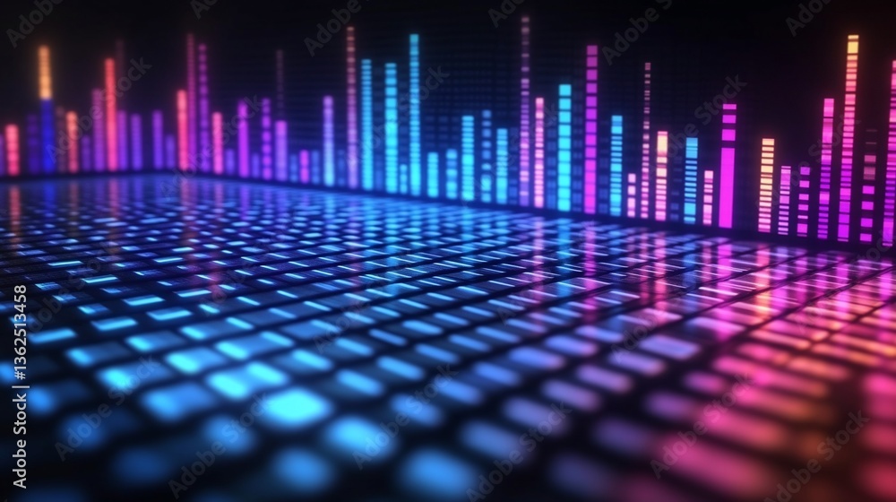 Aufkleber vibrant, glowing audio spectrum visualizer with colorful bars and grid reflecting light