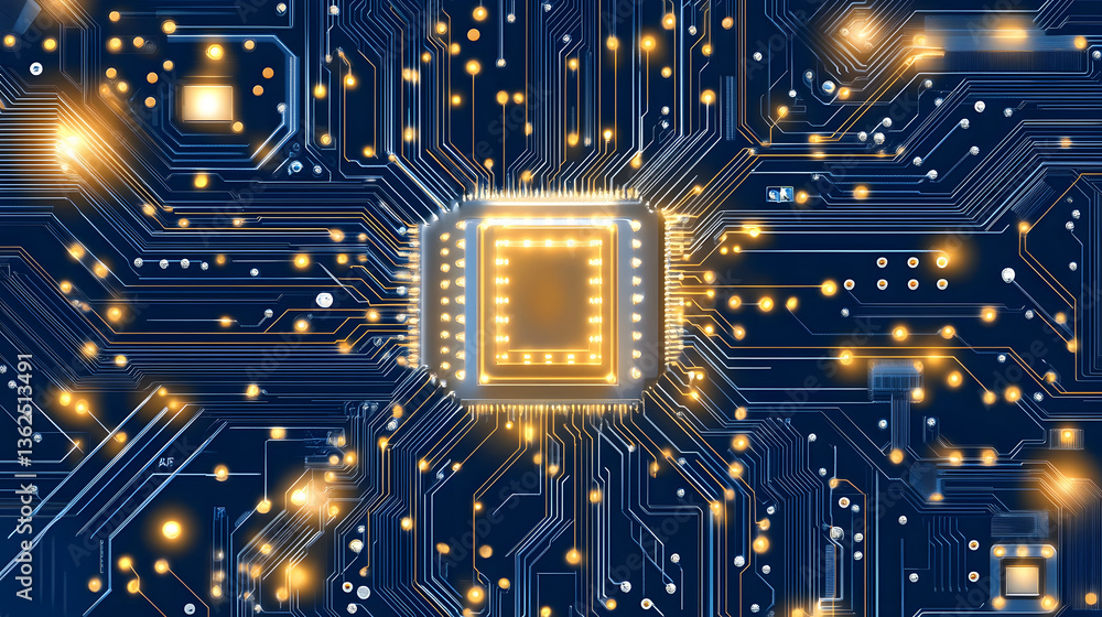 Poster A close-up view of a microchip surrounded by intricate circuit board patterns and glowing connections, highlighting technology and innovation