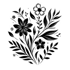 Elegant monochrome floral arrangement, stylized with black blossoms, leaves, and stems against a clean white backdrop, showcasing intricate line work.
