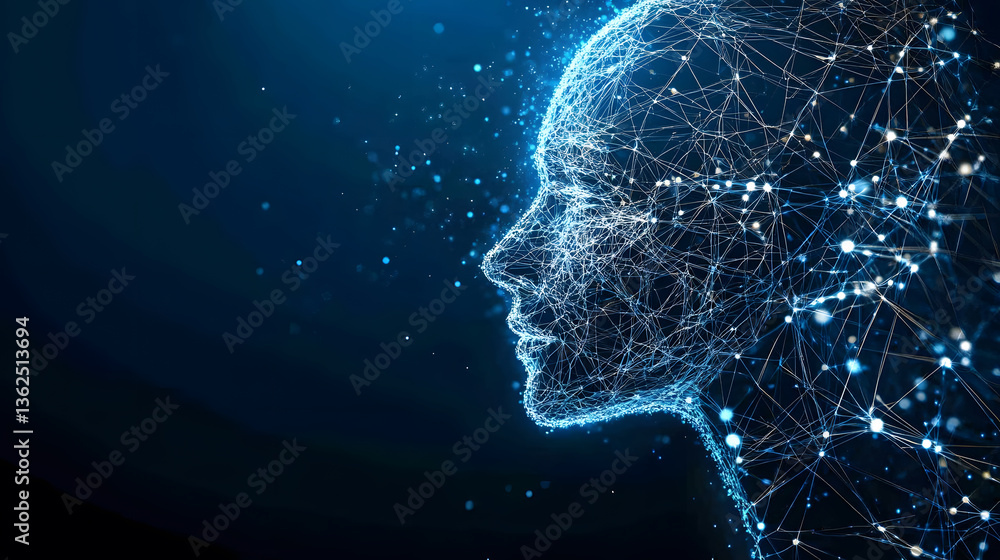 Poster a digital representation of a human head composed of interconnected lines and dots, symbolizing tech