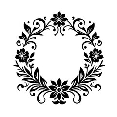 An elegant floral wreath design, crafted from black silhouettes of flowers, leaves, and ornate swirls, set against a clean white background, creating a timeless and symmetrical aesthetic.