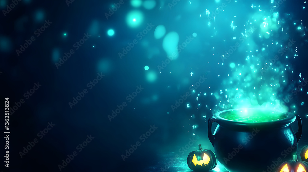 Poster a mystical cauldron emits green magic with floating particles, surrounded by halloween pumpkins, cre
