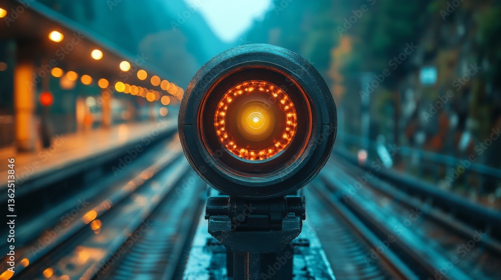 Aufkleber An innovative surveillance camera operates at a rail station, monitoring train tracks and ensuring safety and efficiency in the logistics and transportation network during dusk.