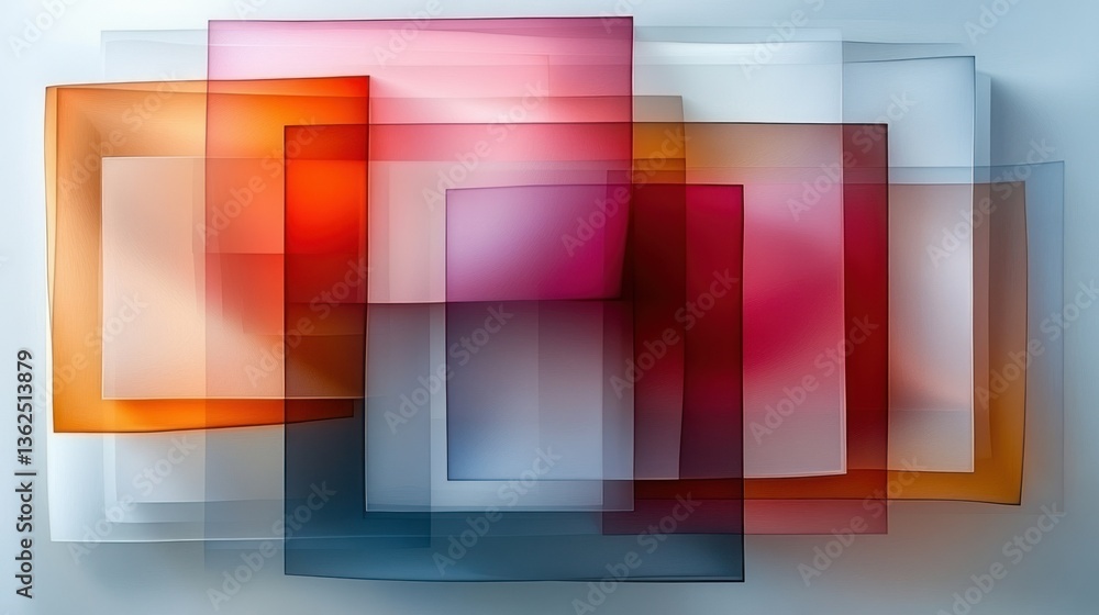 Poster abstract composition of overlapping translucent squares in warm and cool tones