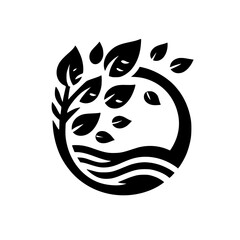 A stylized black and white logo depicting a tree with leaves enclosed by a circle over a water motif, embodying nature and sustainability.