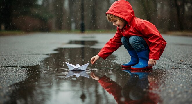 Boy playing with paper boat