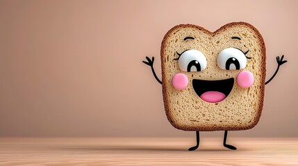Joyful Cartoon Bread Slice on Wooden Surface