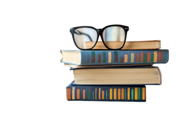A stack of well-loved books, ready for a new chapter, rests patiently, inviting quiet contemplation, with a pair of glasses perched atop, bathed in soft light against a clean white background.